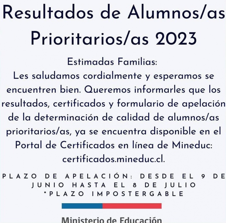 Certificado Alumno(a) Prioritario(a) 2023